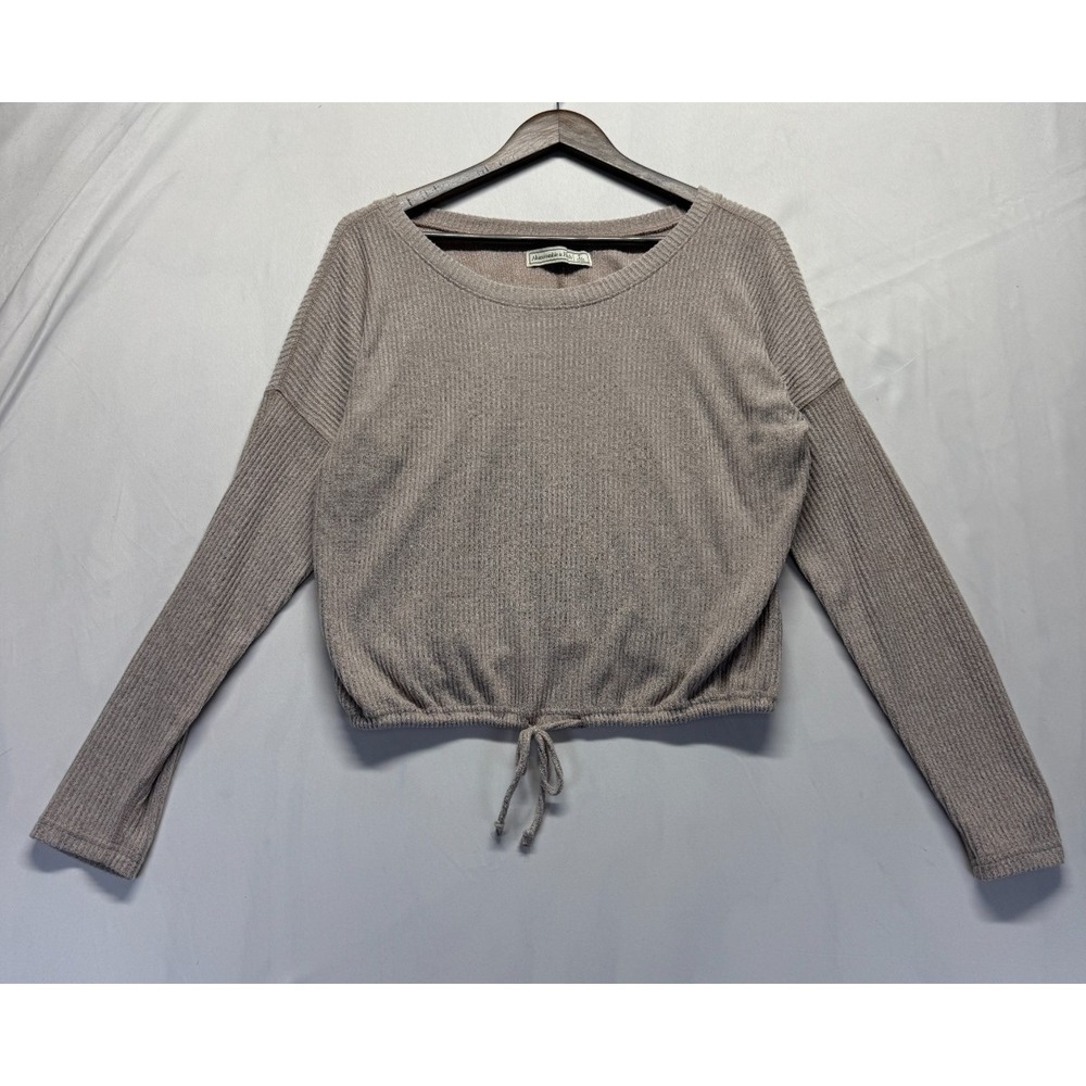 Abercrombie & Fitch Cropped Blouse Top Womens Large Taupe Ribbed Knit Tie Waist